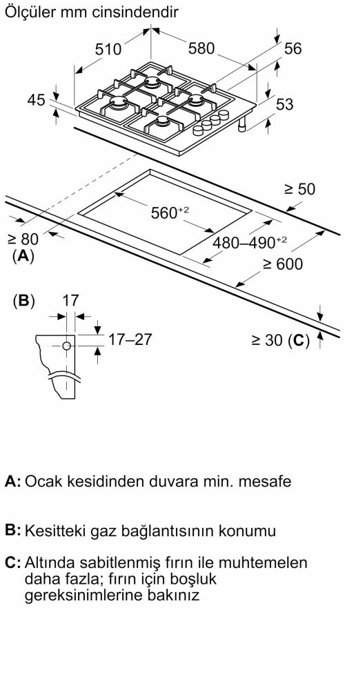 Serie 2 Set Üstü Gazlı Ocak 60 cm Paslanmaz çelik PBP0C5B82O (İZMİR VE MANİSA TESLİMAT)